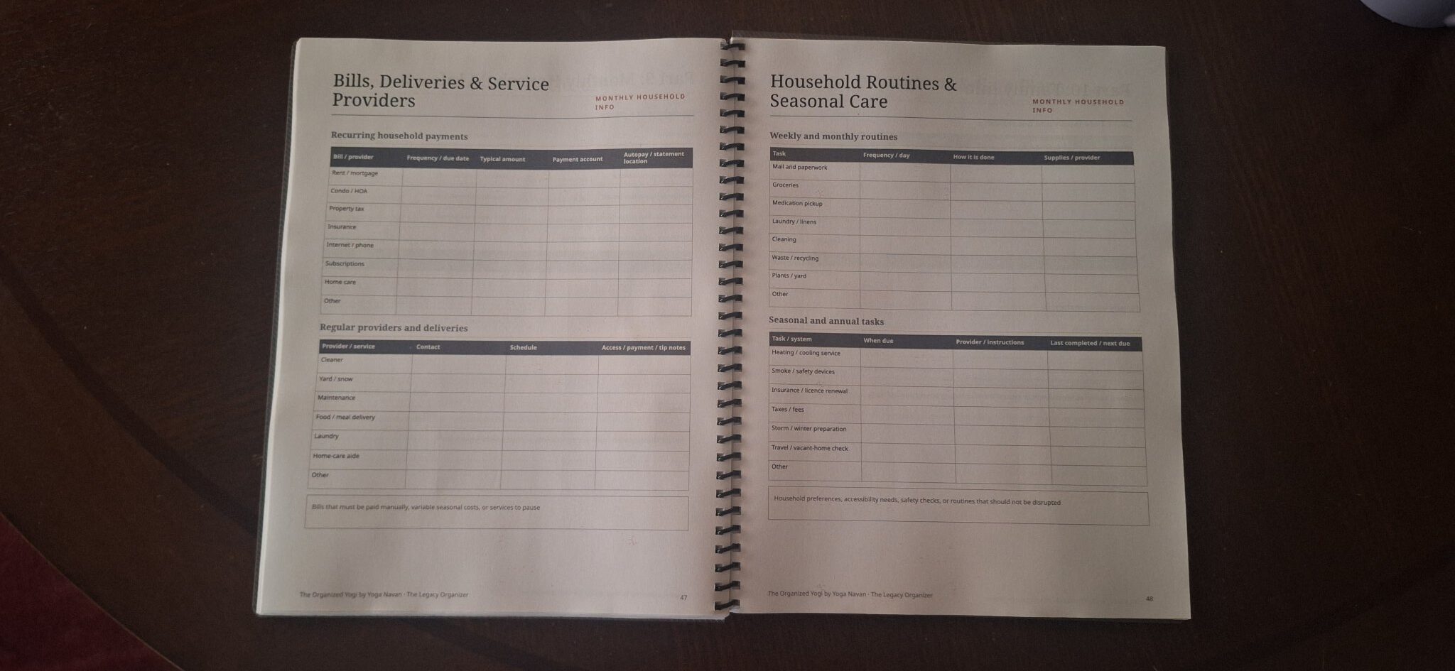 Inside the printed Legacy Organizer — Bills, Deliveries and Household Routines pages