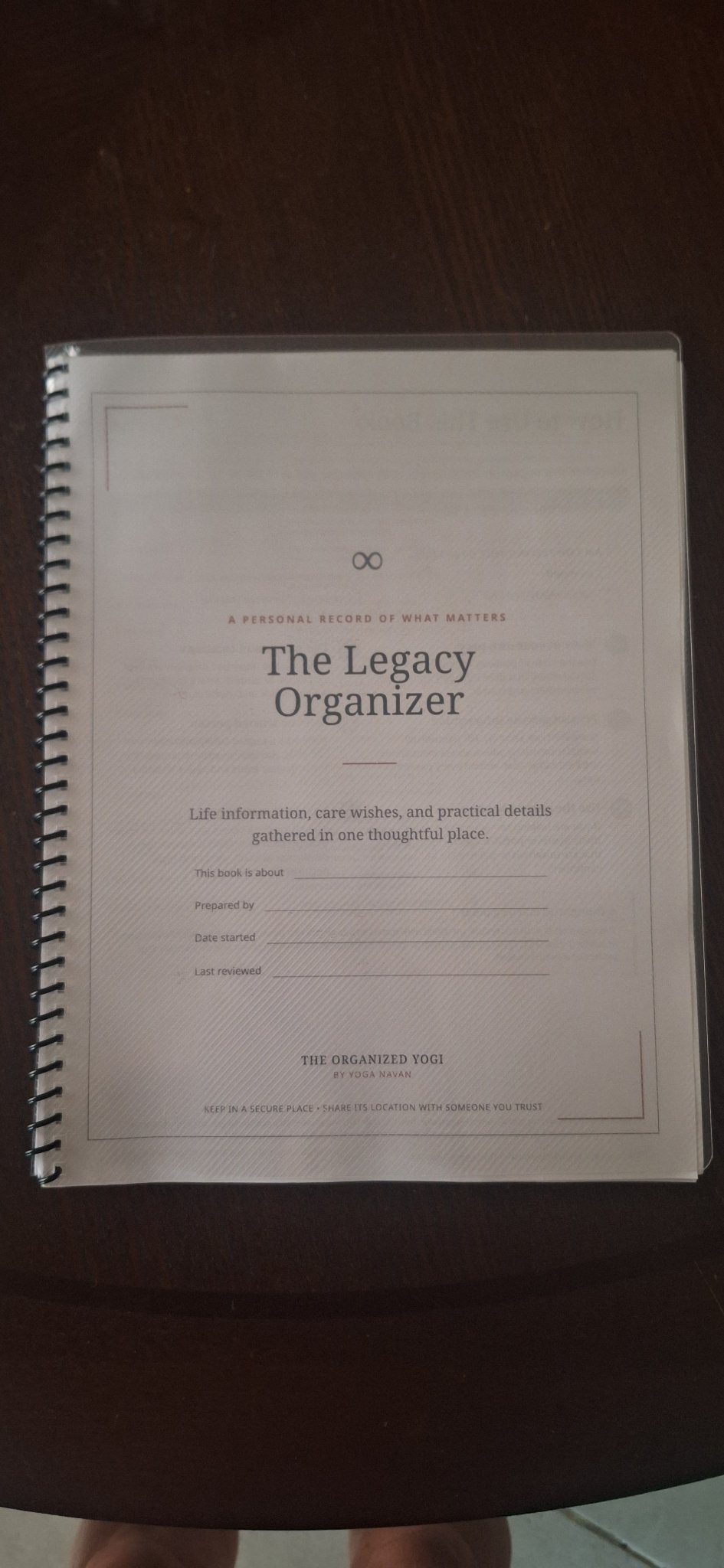 The printed Legacy Organizer book, open at its first page
