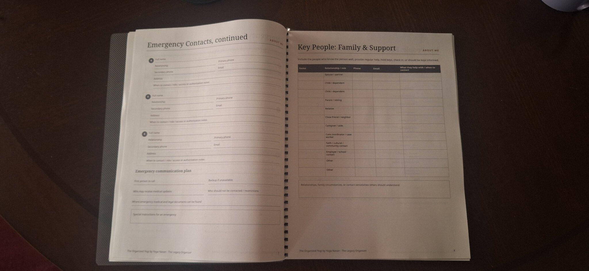 Inside the printed Legacy Organizer — Emergency Contacts and Key People pages