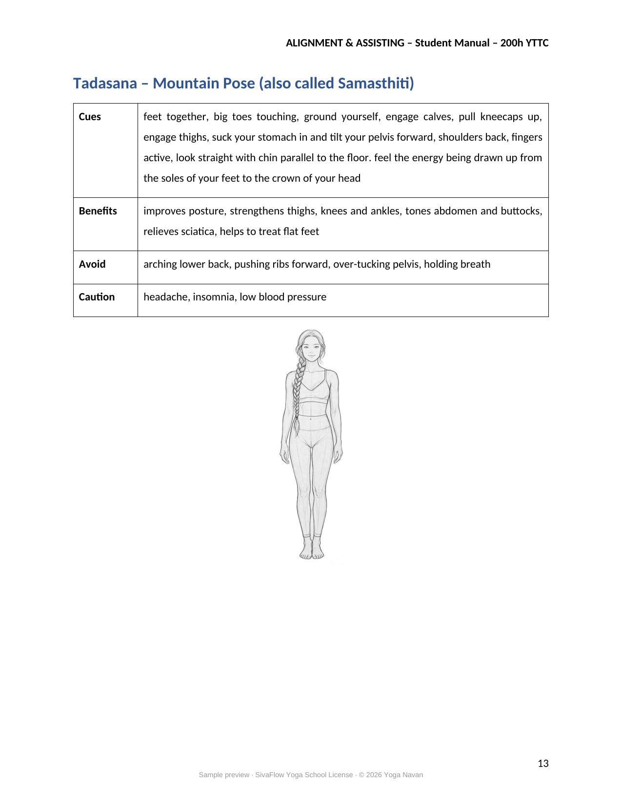 Inside sample page from the alignment manual showing Mountain Pose